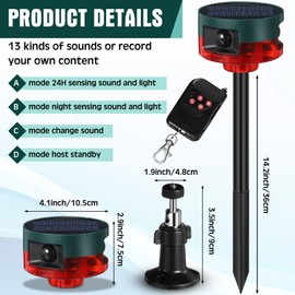 Qualirey 4 Pack Solar Outdoor Motion Sensor Alarm in 2 130db Loud Noise Maker Support Recording Adjustable Volume Strobe Light Multiple Mode with Remote Control and USB Charging Cable