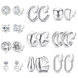 FIBO STEEL 10 Pairs Clip On Earrings for Women Non Pierced Ears CZ Pearl Knot Twist Chunky Hoop and Studs Earring Set Ear Clips Jewelry Silver Plated