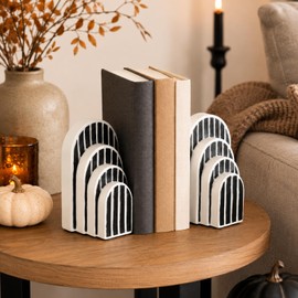 Modern Striped Arch Bookends Set of 2 Resin Black White Geometric Shelf