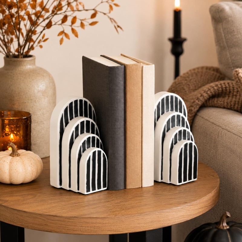 Modern Striped Arch Bookends Set of 2 Resin Black White