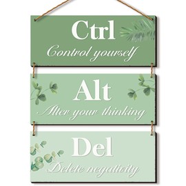 ONIZHITY 3Pcs Office Wall Decor Green Leaves Office Decoration Rustic Farmhouse Office Decor Motivational Wall Decor Ctrl Alt Del Wooden Green Decor for Home Living Room Bedroom Bathroom(Green 10X4)