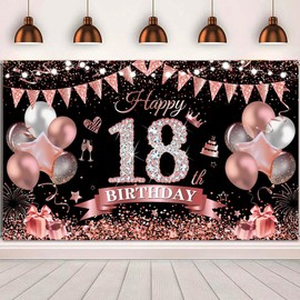 Yontree Happy 18th Birthday Banner 180 * 110cm Black Rose Happy 18th Birthday Banner Backdrop 18th Birthday Decorations for Girls Women, 18 Years Old Birthday Anniversary Party Supplies