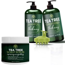 Thickening Tea Tree Shampoo + Conditioner + Scrub Set for Itchy Scalp, Hair Loss, Dandruff | w/Tea Tree Oil, Aloe, Rosemary, Jojoba | Hair Thickening, Volume Boost for Men & Women