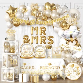 287Pcs Engagement Party Decorations, All-in-one Happy Engagement Decorations with 25 Serves Disposable Plates, 2 Pcs Waterproof Engaged Tablecloth Wedding Proposal Decorations Party Decor