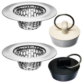 4 Pcs - Bathroom Sink Strainers and Stopper Plug (Use Separately) - 2.125" Top / 1" Basket, Stainless Steel Strainers and Rubber Plug Stopper for Standard Bathroom, Utility, Slop and RV Sink.