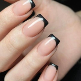 French False Nails Short - 24Pcs Black French Tip Press On Nails - Full Cover Short Square Stick on Nails with Glue - Glossy Acrylic Nude Fake nails for Women DIY Nail Art