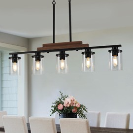 5-Light Dining Room Light Fixture Over Table, Farmhouse Kitchen Island Lighting, Linear Chandelier with Clear Glass Shades, Modern Rustic Wood Chandelier with Adjustable Height