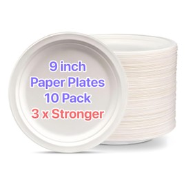 Pokanic Paper Plates White [9 inch] - [10 Pack] Heavy-Duty 3 x Stronger Soak-Proof Cut Resistant Microwave-Safe 100% Compostable Eco-Friendly Biodegradable Disposable (10 Pack, 9 Inch - White)