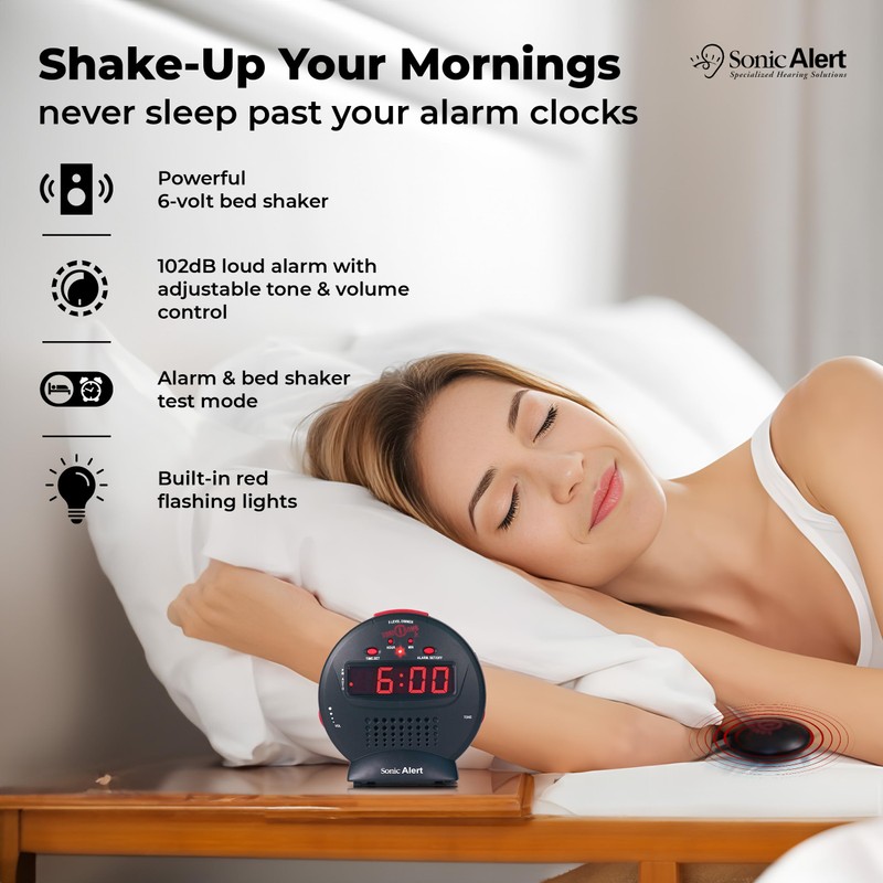 Sonic Alert Alarm Clock, Black/Red, 5" x 5"