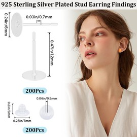 Beebeecraft 1 Box of 200 Flat Round Stud Earrings Accessories 925 Sterling Silver Plated 6 mm Earring Cabochon Setting for DIY Stud Earrings Jewellery Making