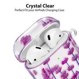 QINGQING Compatible with AirPods Case, Cute Printed Design Airpods Protective Hard Case Cover Portable & Shockproof Women Men with Keychain for Airpods 2/1 Charging Case (Purple Flowers)