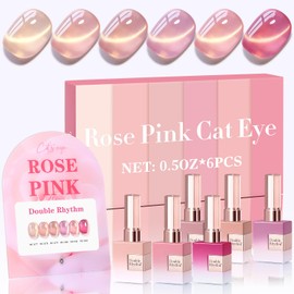 Double Rhythm Cat Eye Gel Nail Polish Set of 6 Same Color Same Bottle 0.5 Oz Shimmer Glitter with Magnet Holographic Reflective Magnetic UV Nail Polish Kit at Home (Glass Nude Pink Rose-T6-32)
