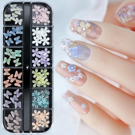 3D Butterfly Nail Charms Colorful Flower Butterfly Nail Design Supply Blue White Butterflies Flowers Nail Art Charms for Women DIY Manicure Flowers Butterfly Nail Jewelry Gems Decoration Accessories