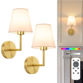NIORSUN 13.8 inch Battery Operated Wall Sconce Set of 2,Gold Rechargeable Wall Lights with 5200mAh Dimmable Detachable Bulbs and Remote,9 Colors Wireless Sconces for Bedroom Living Room Hallway