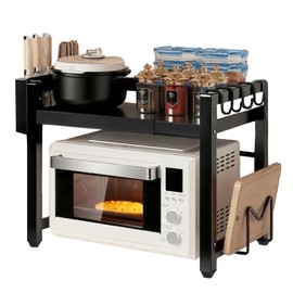 Adjustable Microwave Oven Rack, Microwave Stand Shelf Heavy Duty 2-Tier Shelf with Cutting Boards Stand Knife Rack and Chopstick Holder for Kitchen Shelves Counter Top Organizer, Holds 55lbs,6 Hooks