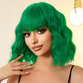 Miuric Green Wig with Bangs Short Wavy Bob Wigs for Women Loose Curly Colorful Wig Shoulder Length Natural Looking Synthetic Cosplay Wig Bob for Girl Colorful Costume Wigs 14 Inches