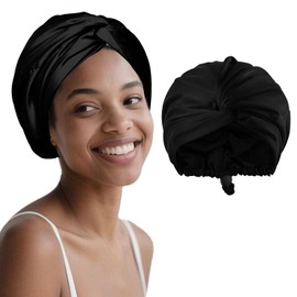 ZXYCLOPS Adjustable double-layer silk satin nightcap, suitable for wrapping hair while sleeping, for long curly hair, black