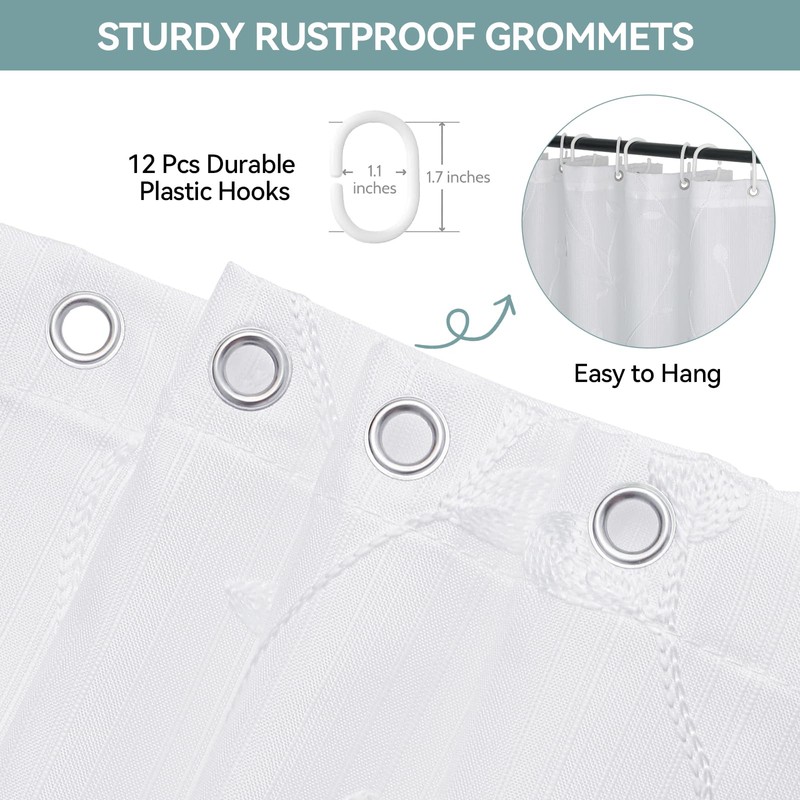 Embroidered Leaf Farmhouse Shower Curtain,Faux Linen,72Wx84L,White