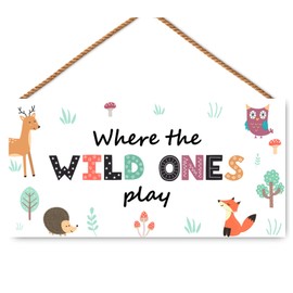 Where the Wild Ones Play Wooden Signs, Wild Animal Theme Playroom Decor for Nursury Room Wall Decor, 11.8x5.9 Inches
