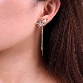 Aneneiceera Vintage Crystal Northstar Earrings, Gold Smooth Chain Earrings, Rhinestone Star Stud Earrings, Punk Smooth Metal Chain, Tassel Earrings, Jewellery for Women and Girls, Zinc