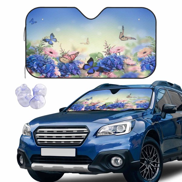 BLDKORUER Hydrangea and Daisies Windshield Sun Shade for Car Butterflies