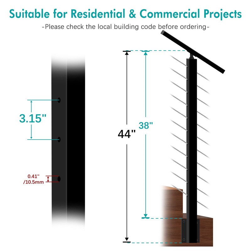 Gyykzz Side Mount Stair Post 44"x2"x2", Left Side 33° Drill