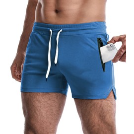 EVERWORTH Pantalones cortos de entrenamiento con entrepierna de 3 pulgadas para hombre, de secado rápido, pantalones cortos ligeros para hombre, con forro y bolsillos con cierre, Azul / Patchwork, Small