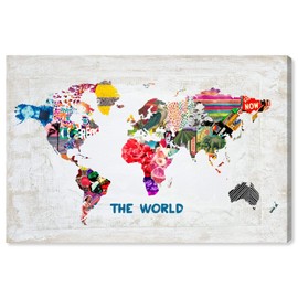 The Oliver Gal Artist Co. Maps and Flags Wall Art Canvas Prints 'Hipster Mapa Mundi' Home Décor, 15" x 10", White, Pink