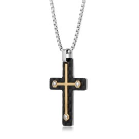Metro Jewelry Carbon Fiber Cross Pendant Necklace for Men in Stainless Steel with Gold Ion Plating on a 24 Inches Long Box Chain