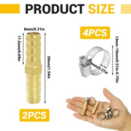 Pack of 2 8 mm Brass Hose Nozzles, 2-Way Straight Hose Fitting with 4 Clamps for Pipes Made of Stainless Steel for Brass Nozzles, for Water, Fuel, Air