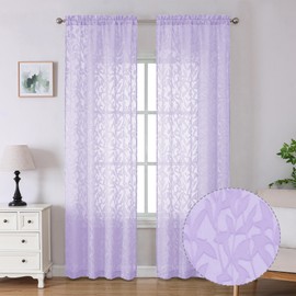 Lecloud Leia Bedroom Light Purple Sheer Curtains 96 Inches Long 2 Panels, Texture Patio Door/French Door Curtain Dual Rod Pockets, Farmhouse Leaf Living Room Drapes Window Treatment, 38 W x 96 L