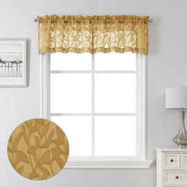 Lecloud Leia Dark Gold Sheer Valance for Windows 14 Inch Length 2 PCS, Kitchen Cafe Short Curtains with Dual Rod Pockets, Jacquard Textured Leaf Living Room Bedroom Decor, 40 W x 14 L