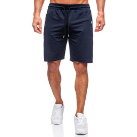 PIDOGYM Men's Shorts Casual Classic Fit Drawstring Summer Beach Shorts with Elastic Waist and Zipper Pockets Navy Blue