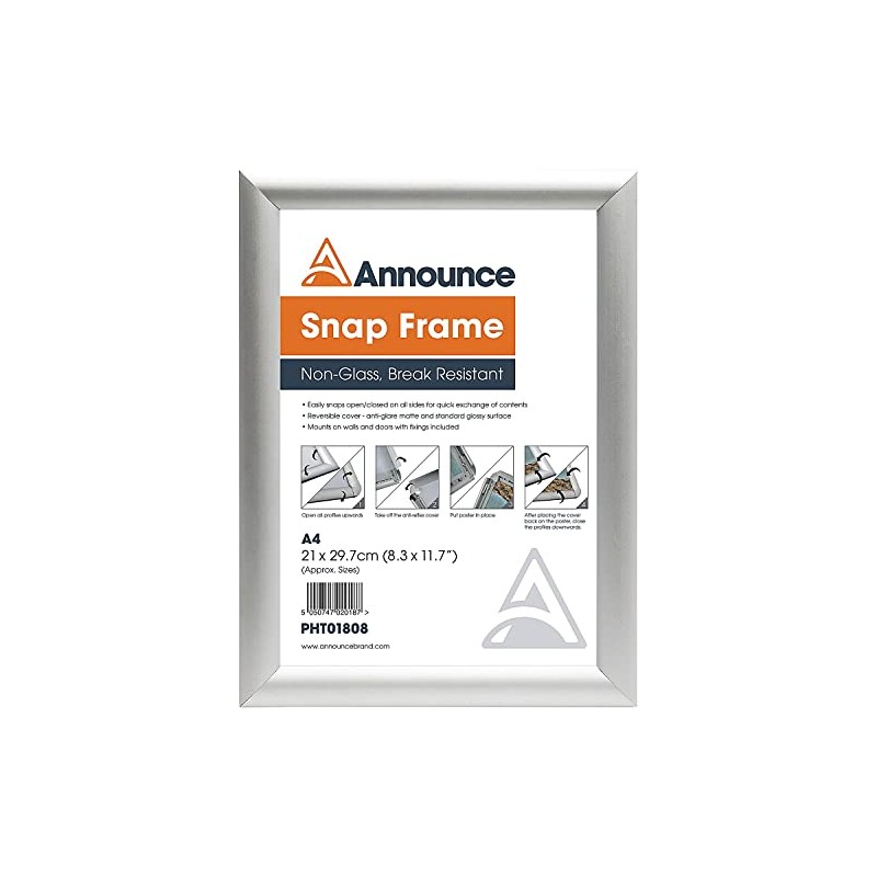 Announce A4 Snap Frame (25mm anodised Aluminium Frame, Wall fixings