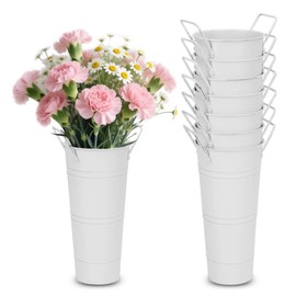 Mulaibdin 8 Pcs 10 Inch Galvanized Metal Vase, Farmhouse Decorative Flower Buckets for Cut Flowers, French Country Decorative Vases for Home Table Wedding Birthday (White)