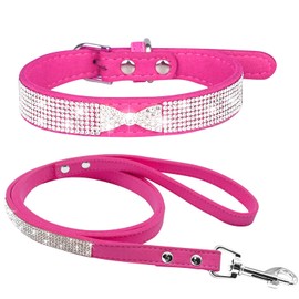 haoyueer Cute Dazzling Sparkling Elegant Fancy Soft Suede Leather Bling Rhinestone Crystal Jeweled Pet Cat Dog Puppy Collar Dog Leash Combo Set (M, Hot Pink-4)