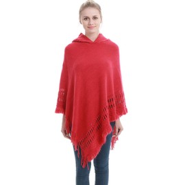 Women's Hooded Knit Poncho Cape Sweater with Fringes Pullover Shawls Wraps Capes for Ladies (Red)