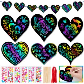 GOMENCHE 36 Pcs Valentine's Day Scratch Art Paper, DIY Magic Rainbow Scratch Art for Kids with 3D Stickers, Valentine's Day Ornaments for Party Favor Holiday Decor