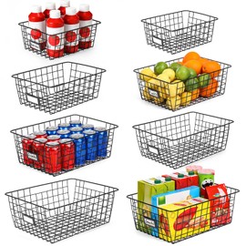 VITEVER 8 Set, Extra Large Wire Baskets for Organizing with Lables, Cabinet Pantry Organization and Storage Bins - Metal Basket for Kitchen, Laundry, Garage, Fridge, Bathroom Countertop Organizer, Black