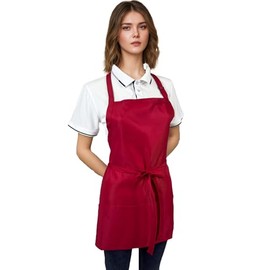 Waterproof Apron for Women with 3 Pockets, Short Cooking Aprons for Men Chef Kitchen BBQ Grilling, Syzornk Adjustable Bib Apron with Ultra-Long Belt, Red