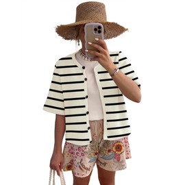 Lomon Womens Short Sleeve Button-Down Cardigan Sweater Spring Summer 2025 (Apricot Black Stripped, L)