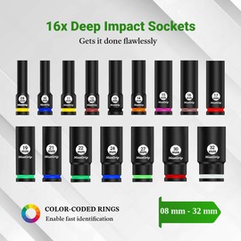 MAXGRIP 1/2“ Drive Deep Socket Set, 16Pcs SAE/Metric Sizes, 6 Points, Impact Grade (8mm-32mm)
