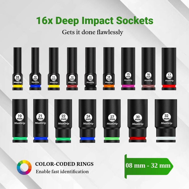 MAXGRIP 1/2“ Drive Deep Socket Set, 16Pcs SAE/Metric Sizes, 6