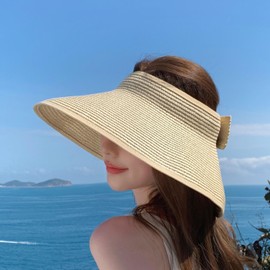 LAM GALLERY Straw Sun Hats for Women Wide Brim Ponytail Hat Summer Beach Visor Hat Foldable Packable Hats-Beige