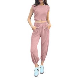 Glamaker Women's Athletic Set 2 Piece Outfits Lounge Matching Sets Summer Sleeveless Cropped Top And Sweatpants Set Grey Pink XL