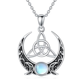 KQF Witch Necklace for Women Sterling Silver Celtic Triple Moon Pendant Necklace Pagan Magic Amulet Viking Wiccan Jewelry for Men