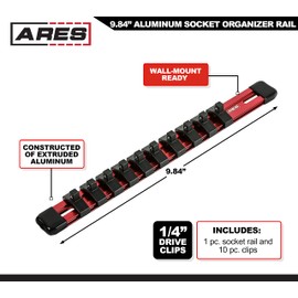 ARES 60075-1/4-Inch Red Black 9.84-Inch Socket Organizer - Aluminum Rail Stores up to 10 Sockets and Keeps Your Tool Box Organized