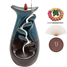 Cyiecw Backflow Incense Burner, Incense Waterfall Ceramic Incense Burner with 60 Incense Cones Backflow and 1 Mat and 1 Tweezers for Aromatherapy Ornament Home Decor (Blue)