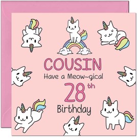 28th Cousin Birthday Card - Funny Cat Cute Cousin's Birthday Card for 28 Year old twenty eight, twenty eighth