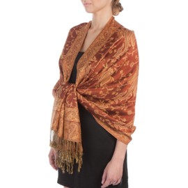 Sakkas Soft Silky Double Layer Jacquard Paisley Pashmina Shawl/Wrap/Scarf - Rust/Gold